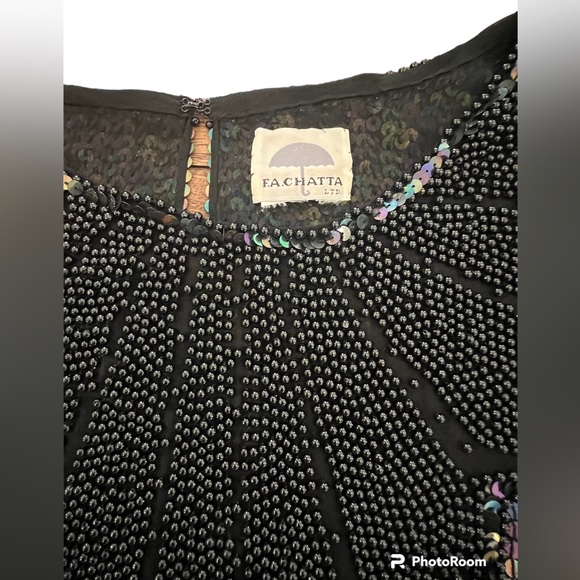 Vintage Original 80's 90's Black Sequins Beaded Top Blouse F.A. Chatta Medium - Picture 4 of 12